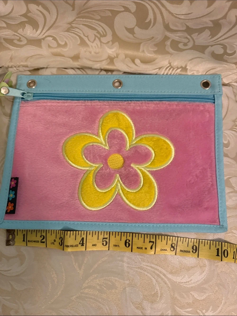 Kids Pink Floral Zip Pouch with Light Blue Trim